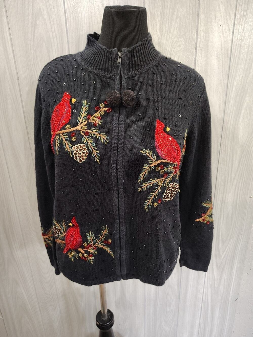 Women's Embellished Full Zip Sweater M Cardinal Grandma Core Mom Embroidered